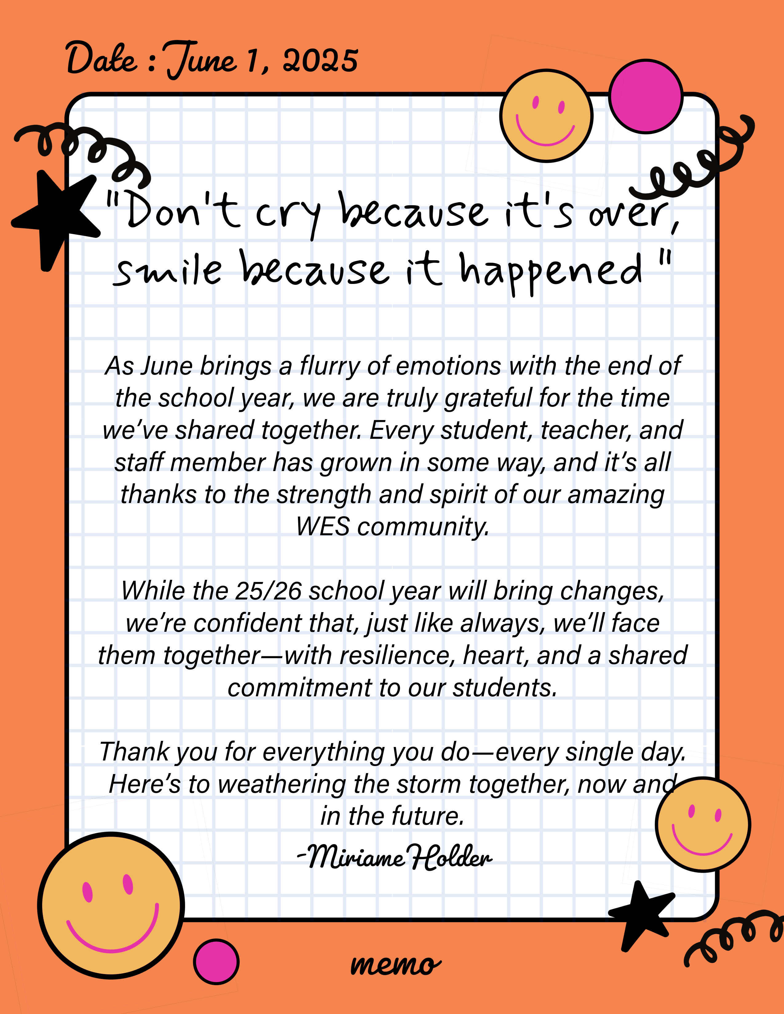 June note about ending the year and changes for next school year